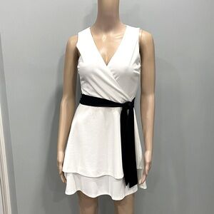 Elegant White Sleeveless Dress with Black Belt by Love Ady. Size small
